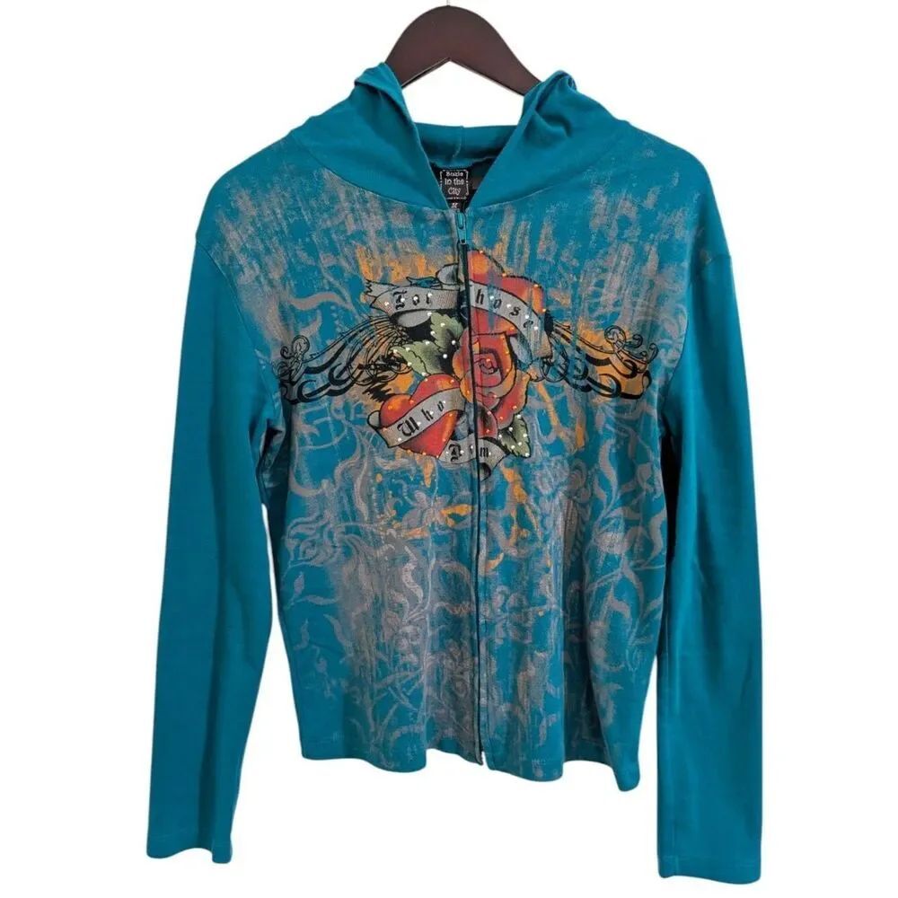 Suzie in the City Y2K Rhinestone Graphic Zip Up Hoodie Teal M Cotton USA